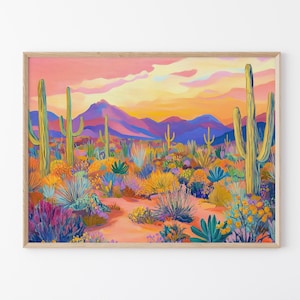 Pink Western Landschaft Ölgemälde | Vintage Retro Kunstdruck | Druck | Midcentury Moderne Kunst | Sonnenuntergang Wandkunst | PHL15