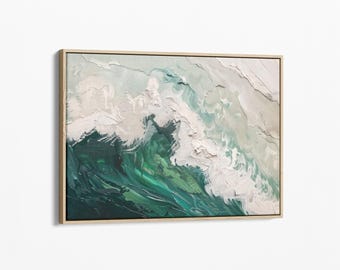 Deep Green Ocean Wave Oil Painting Print | On Stretched Canvas | Large Wall Art | Abstract Seascape Painting Beach Decor Boho | MOW3