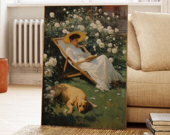 ヴィンテージガーデンの女性と犬が読書をする油絵プリント | 日光の