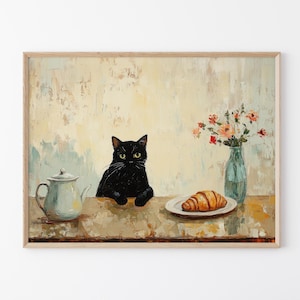 Cafe Croissant Cat Oil Painting Print | Kitchen Print | Bistro Coffee Poster | Un Cafe Sil Vous Plait | Kitchen Decor | Unique Prints | CCC5