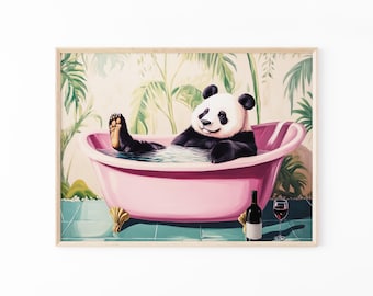 Panda Bathroom Print | Alcohol Print | Funny Animal Art | Panda in Bath Tub | Botanical Bathroom Art | PBW5