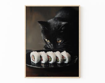 Black Cat Sushi Oil Painting Print | Tokyo Art Print | Oishii Cat Print | Delicious Japanese Food Art | Kitchen Wall Art | Sushi Art | BCS4