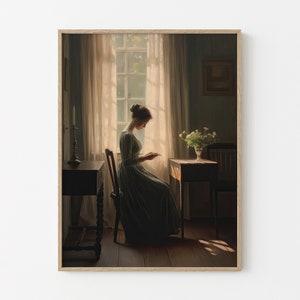 Ritratto di donna europea d'epoca che legge, dipinto stampato, scena d'interni, dipinto antico, decorazione murale antica