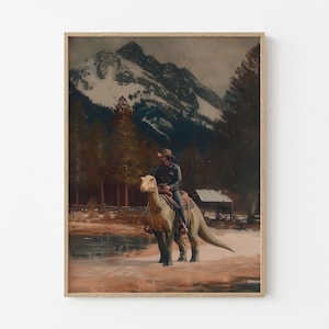 Stampa a olio vintage di dinosauro cowboy / Stampa di dinosauro giurassico occidentale / Regalo per lui, stampa divertente / VDC5