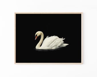 アンティークスワンの絵画プリント | ブラックニュートラルウォールアート 大型ウォールアート | ミニマリストヴィンテージスワンプリント | 油絵プリント