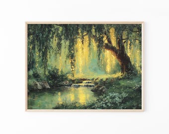 Willow Tree Fairies Oil Painting Print | Cottagecore Decor | Dark Academia Art | Enchanted Nature Wall Art | Rustic Aesthetic | TOP4