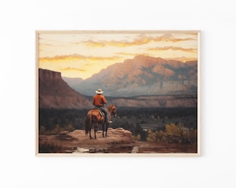 Vintage Landscape Cowboy Oil Painting Print | Western Wall Art | Mid-Century Wall Decor | Rustic Southwest Decor | VLCO01