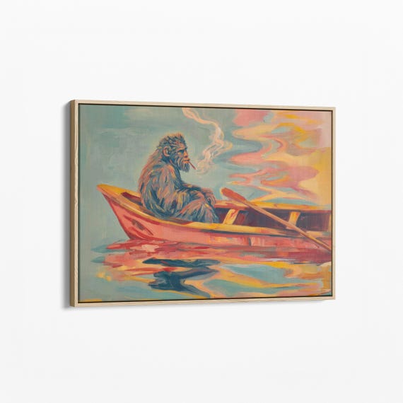Pastel Bigfoot in Canoe Smoking Cigar Oil Painting Canvas Print | Whimsical  Sasquatch Wall Art | Lake House Decor | Bigfoot Funny Art | PBI8