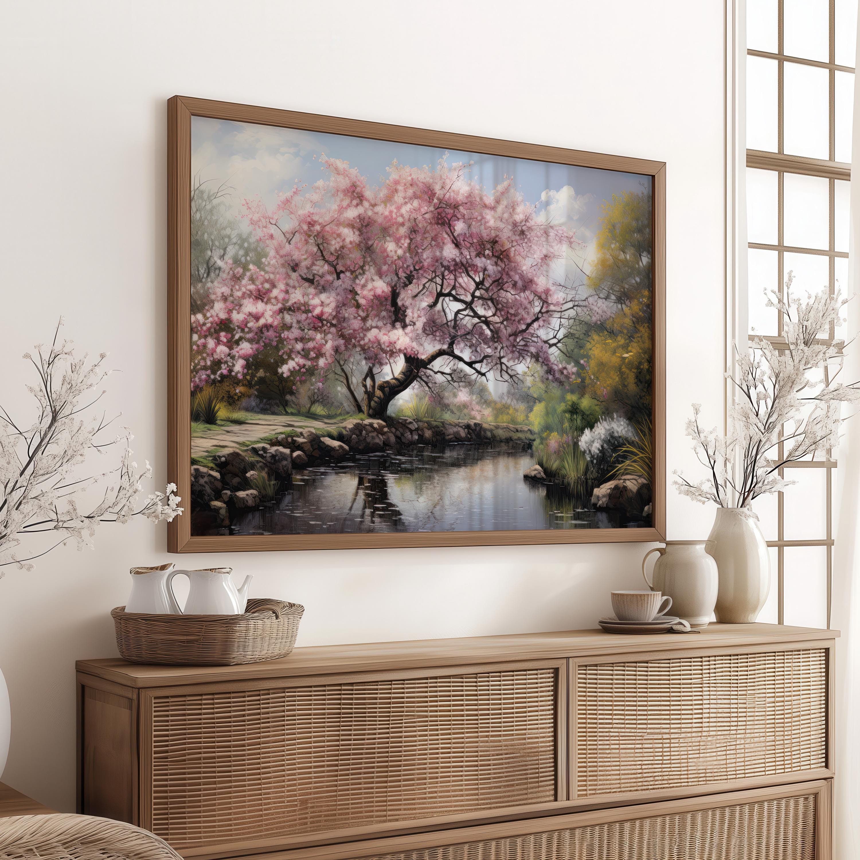 Cherry Blossom Tree Next to Lake Oil Painting, Wall Art Matte Print ...