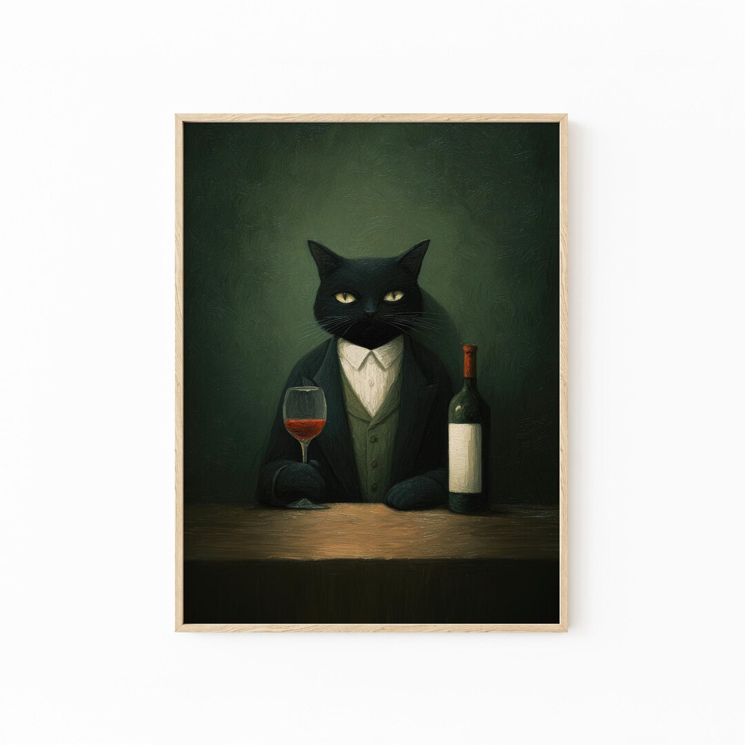 Black Cat With Wine Glass Print: Moody Whimsical Wall Art | WIN2 - Etsy
