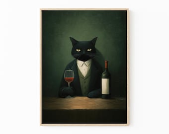 Schwarze Katze mit Weinglas Poster: Stimmungshaftes, skurriles Wandbild | WIN2