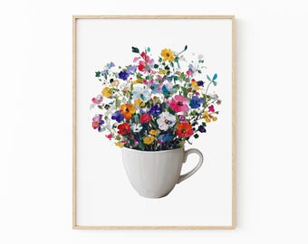 Colorful Wildflowers in Cup Painting Print: Quirky Botanical Wall Art for Kitchen Decor | FLO1