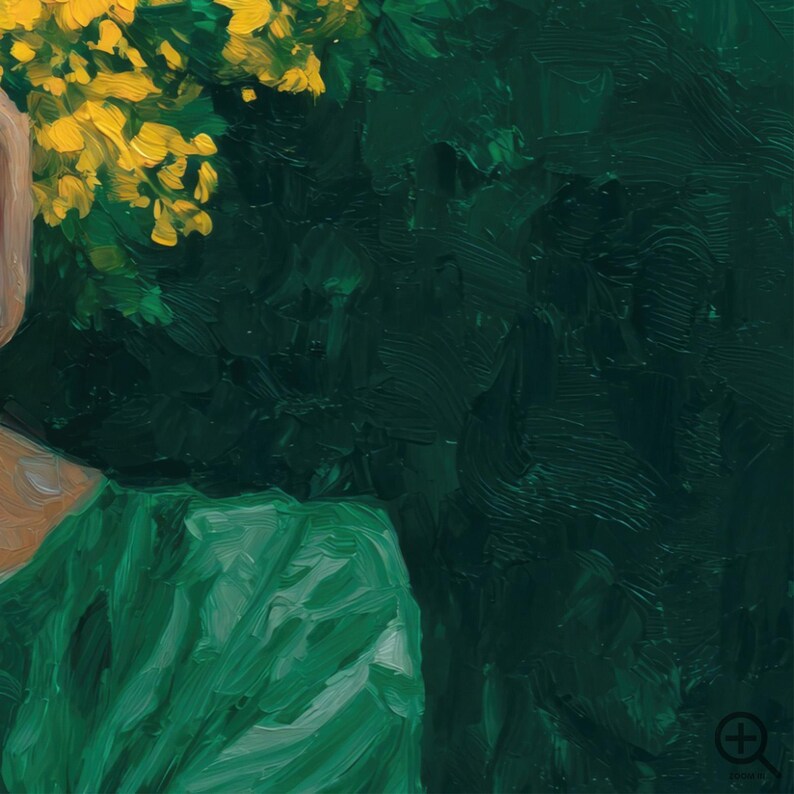 The image is an oil painting featuring a green plant with yellow flowers, set against a dark green background.