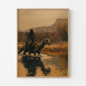 Vintage Dinosaurier Cowboy Ölgemälde Druck | Western Jurassic Dinosaurier Druck | Geschenk für Ihn, lustiger Druck | GLEICH3