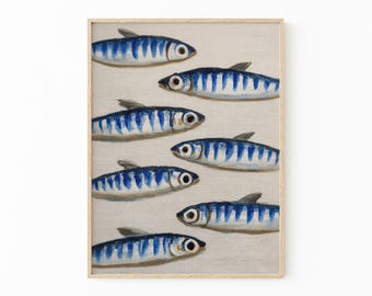 Sardines Painting Print | French Kitchen Wall Art | Still Life Oil Painting for Coastal Decor | WWG1