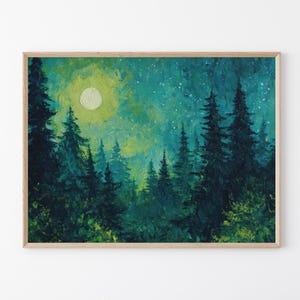 Moon & Stars Oil Painting Print | Vintage Dark Forest | Landscape Nature Decor | Celestial Night Sky Print | Farmhouse Print | MSO3