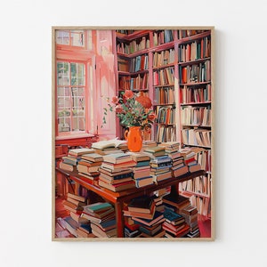 Stampa a olio di biblioteca vintage / Stampa di libreria / Regalo per amanti dei libri / Regalo per la lettura / Arte retrò per amanti dei libri / Arte retrò femminile / VLO1