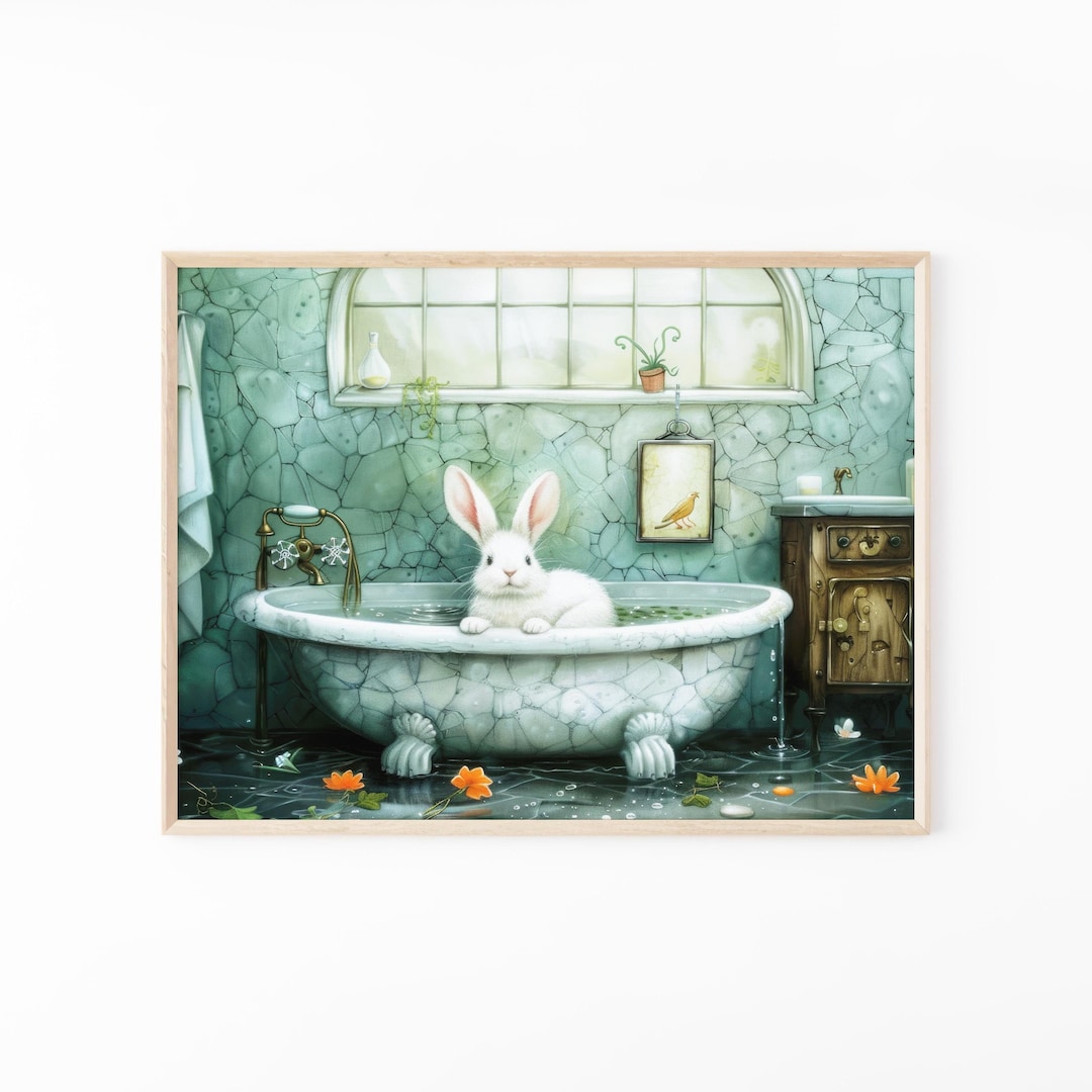 Deviantart Rabbit Bath Rabbit in Bathtub Painting | Bathroom Wall Art Print | Animal Decor ...