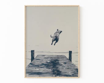 Happy Dog Jumping Off Dock Illustration Print | Happy Summertime Dog Sketch | Coastal Decor | Boat House Art | HDJ6