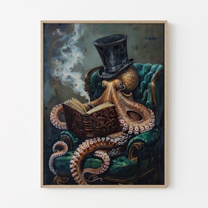 Stampa artistica raffigurante un gentiluomo vittoriano che legge un libro e fuma un sigaro / Stampa artistica stravagante / Arte murale vintage / DVG1