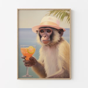 カクテルを持つサル | レトロなバーカートの美しい装飾 | かわいいアパートの壁アート | シュールなアートワーク | 面白い動物のプリント | MCR5