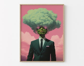 Head In The Clouds (Retro Surreal Art, Surreal Cloud Art, Pink and Green Artwork, Surreal Wall Print, Trippy Wall Art) HI1