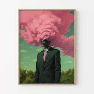 Cabeza en las nubes (arte surrealista retro, arte surrealista de nubes, obra de arte rosa y verde, impresión de pared surrealista, arte de pared psicodélico) HI3