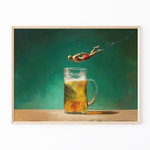 Beer Diver Oil Painting Print | Beer Artwork | Beer Lover Gift | Beer Wall Art | Trendy Kitchen Wall Art | Funny Art | Optional Frame | BDO4
