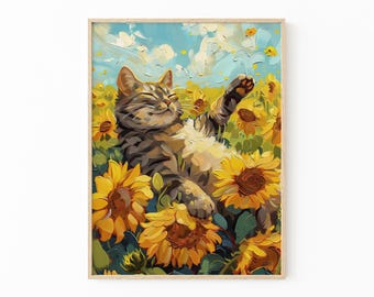 Impresión de pintura al óleo vintage de un gato con girasoles / Inspirada en la naturaleza muerta de los girasoles de Van Gogh / Regalo de bellas artes para pared / VSC3