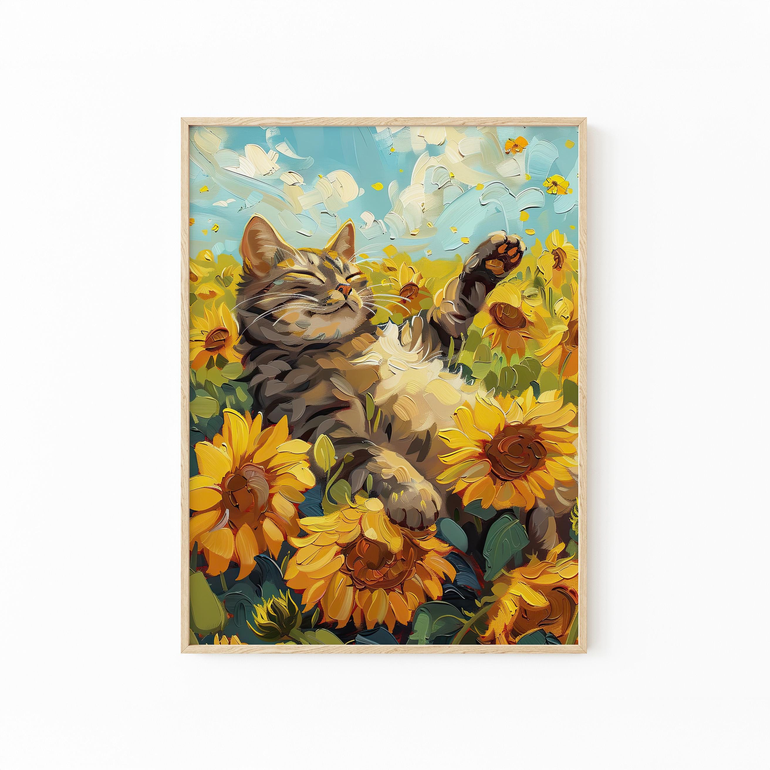 ヴィンテージひまわり猫油絵プリント | ゴッホのひまわり静物画に