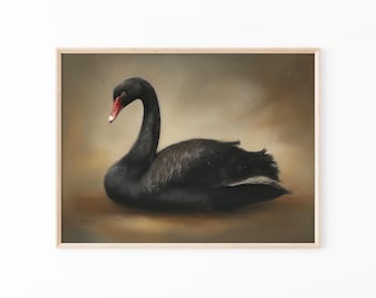 Antique Black Swan Oil Painting Print | Romantic Wall Art | Victorian Bird | Moody Aesthetic Room Decor | Black Swan Gothic Home | BSA2