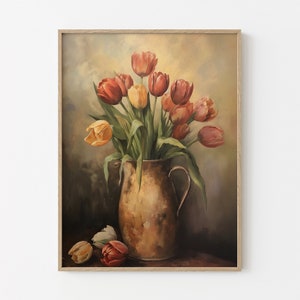 Vintage schwermütige gedämpfte Tulpe Blumen-Ölgemälde-Druck, botanische Wand-Kunst Blumenstillleben-Ölgemälde, Blumenwand-Kunst-Dekor VMM1