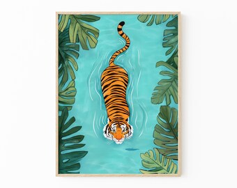 Tiger Walking in River Oil Painting Print | Animal wall art | Safari animals | Tropical wall decor | Jungle painting | Tiger swimming | TWI4