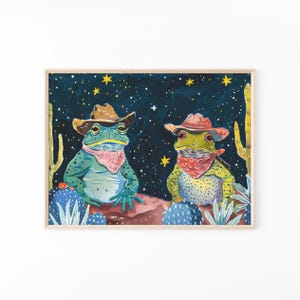 Pintura al óleo enmarcada de una rana vaquera / Impresión de una rana vaquera / Sapo y rana coloridos y divertidos con sombreros de vaquero y cactus / FCF8