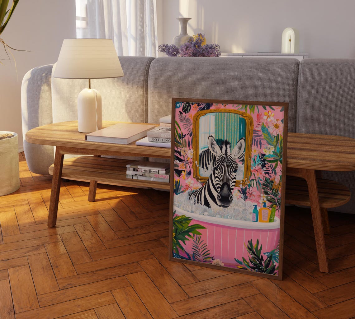 Zebra in Bathtub Bathroom Oil Painting Maximalist Animal in Bath