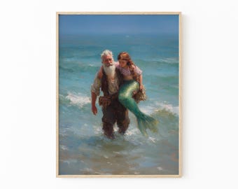 Mermaid Vintage Painting Print | Quirky Fantasy Couples Wall Art for Nautical Decor | CWB4