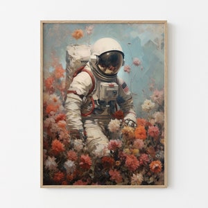 Stampa opaca da parete con dipinto floreale di astronauta, decorazione da parete con astronauta, decorazione da parete con spazio, arazzi, arte floreale astratta, regali per inaugurazione della casa