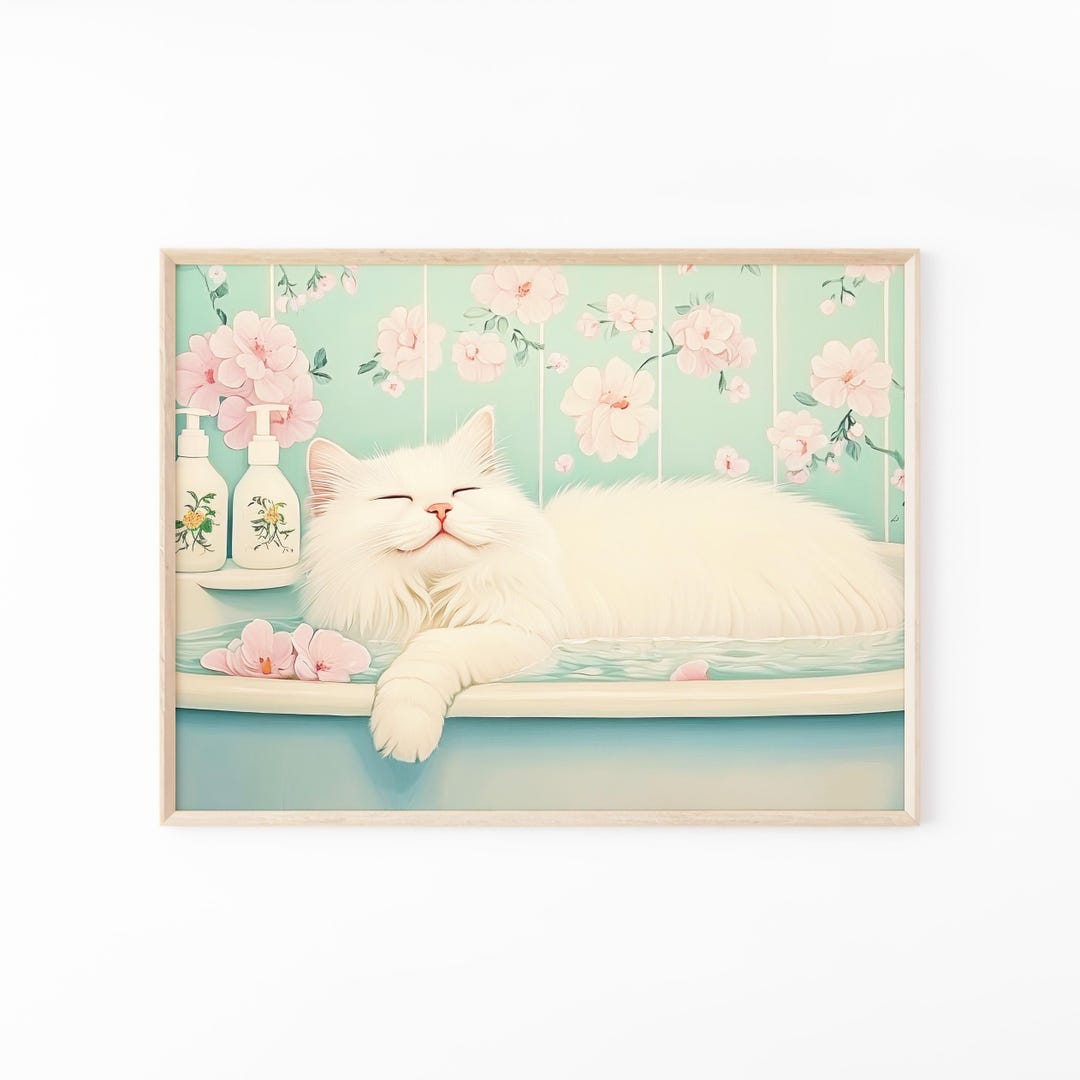 White Cat in a Bathtub Painting Print | Japanese Bathroom Wall Art ...