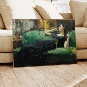 Decadent Young Woman after the Dance, Still Life Woman, Vintage Wall Art, Emerald Green Art, Moody Wall Decor, Oil Painting Print DY07 image 2