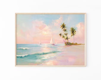 Pastel Sailboats Painting Print | Coastal Seascape Wall Art | Minimalist Ocean Beach Decor | FCL4