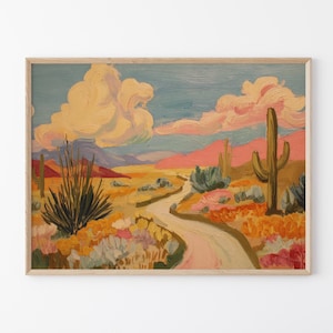 Stampa di un dipinto di paesaggio del deserto del sud-ovest / Cactus pastello Ocotillo / Agave Yucca / Arte murale vintage del Texas / Dipinto naturalistico / AYT6
