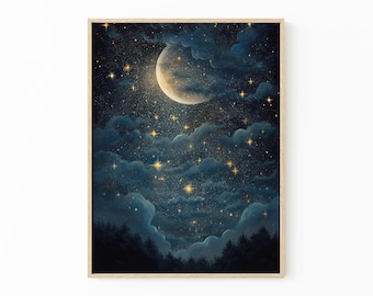Impresión de pintura al óleo vintage "Noche en el bosque" / Arte mural celestial / Decoración de pared con luna y estrellas / Dark Academia / VN03