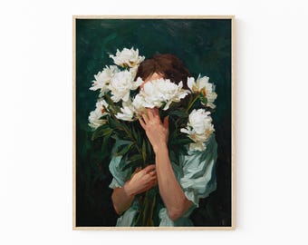 Emerald Green Woman With Mimosa Flowers Art Print: Minimalist