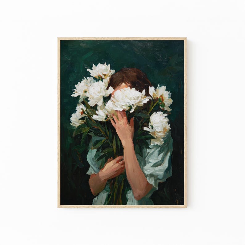 The image is a painting of a woman holding a bouquet of white flowers.