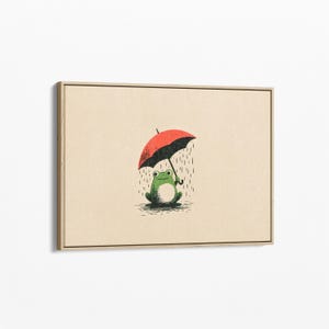 日本のカエルのキャンバスプリント｜木版画風の赤い傘を持ったカエル｜ミニマルな自然アート｜WLB4