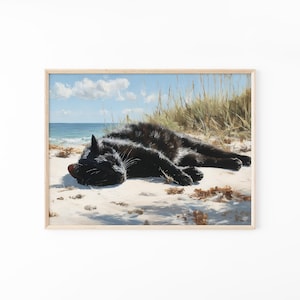 Zwarte kat slaapt op strand olieverfschilderij | Ontspannen zwarte kattenkunst | Stranddecoratie | Stilleven met kattenprint | Cadeau voor kattenliefhebbers | BCB4
