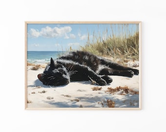 Black Cat Sleeping on Beach Oil Painting Print | Relaxed Black Cat Art | Beach Decor | Still Life Cat Print | Gift for Cat Lovers | BCB4