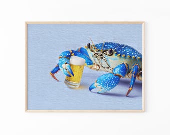 Impresión al óleo de un cangrejo relajado / Arte mural de cerveza / Impresiones divertidas de bar / Arte de cangrejo con cerveza / Regalos divertidos para él / CBF3