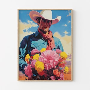 Arte floreale da cowboy, stampa artistica da cowboy vintage, stampa artistica western, regalo da cowboy western, decorazione da cowboy retrò, dipinto da cowboy western FCA4