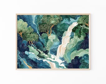 Japanese Waterfall Hokusai Oil Painting Print | Ukiyo-e Japanese Waterfall Art Print | Blue Green Japanese Home Decor | Waterfall Art | JWH5